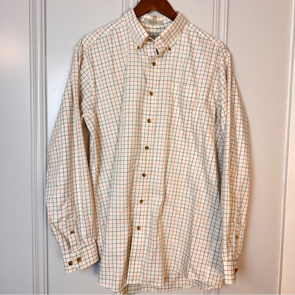LL Bean Men Wrinkle Free Twill Button Down Sport Shirt large Tall Cream Checks